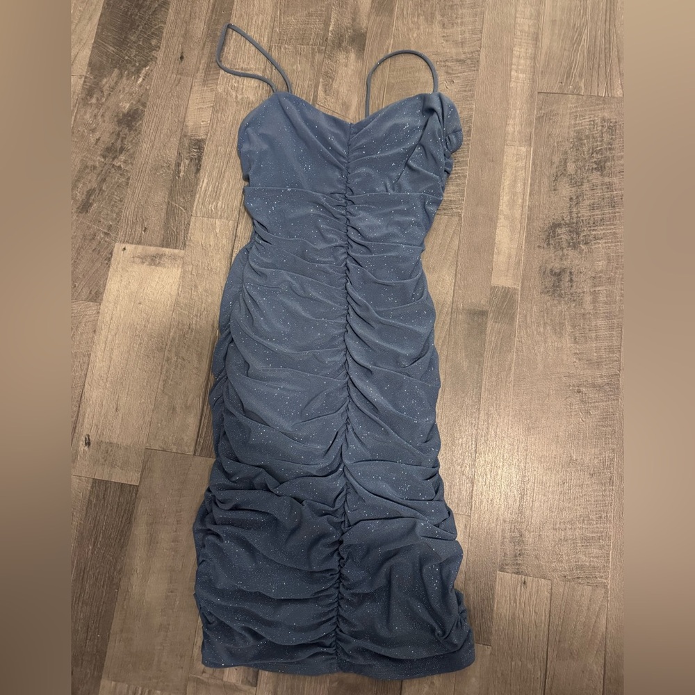 Windsor Sparkle Ruched Spaghetti-Strap Mini Dress in Slate Blue